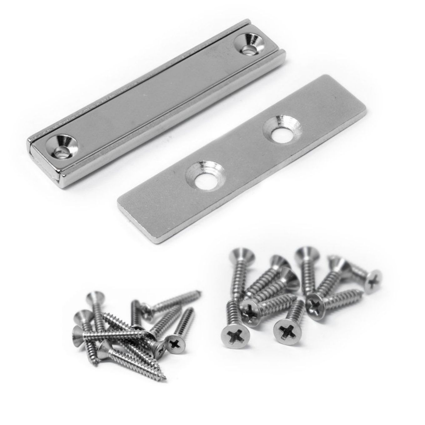 Paket mit versenktem Magneten und Stahlplatten – 40 x 13,5 x 5mm dicker Neodym-Kanalmagnet mit 2 x 3,3mm versenkten Löchern – 17kg Zugkraft