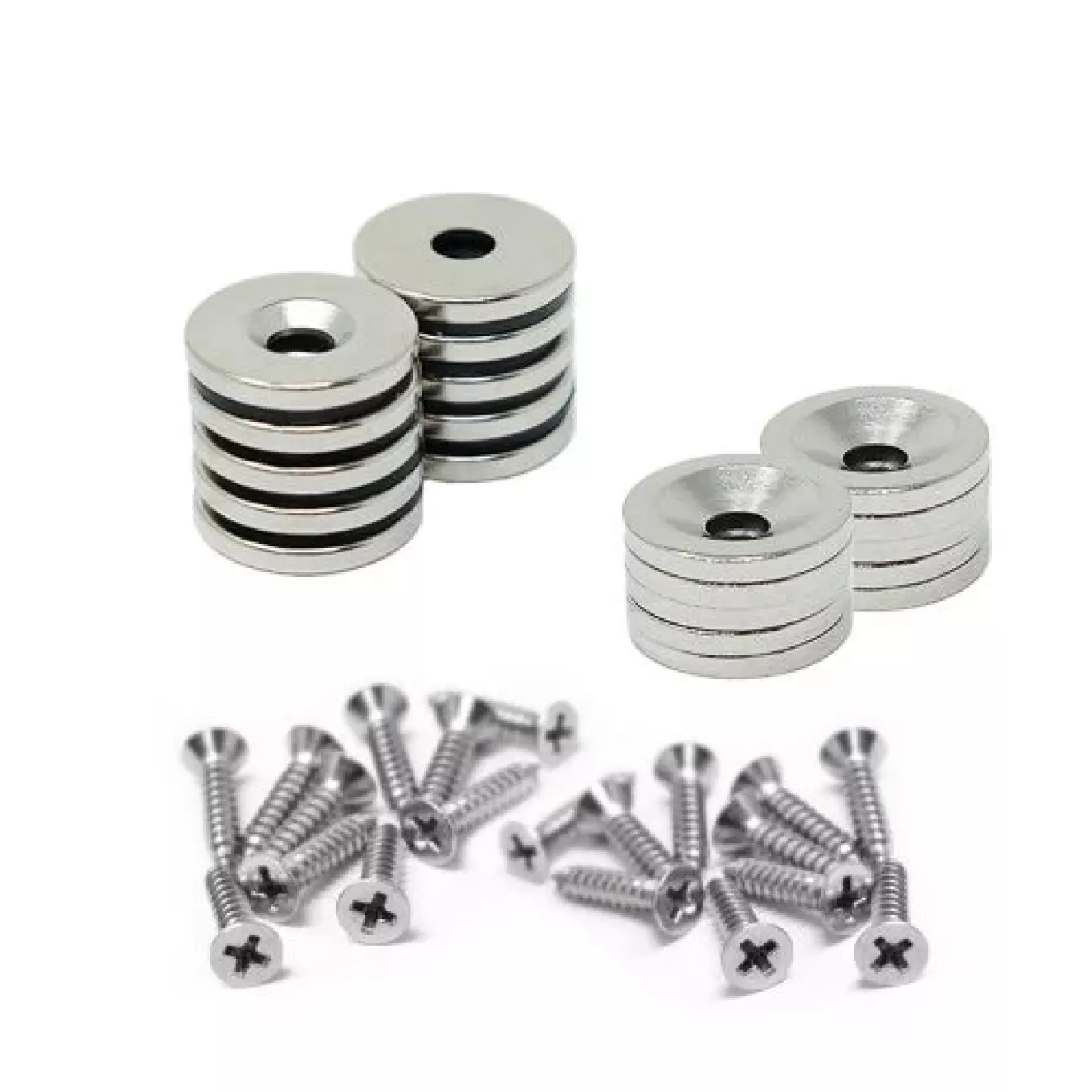 Senkmagnete mit 15mm Durchmesser, Stahlscheiben und Schrauben im Paket