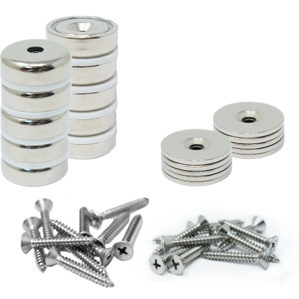 25mm Durchmesser Neodym-Topfmagnete, Stahlscheiben und Schrauben im Paket