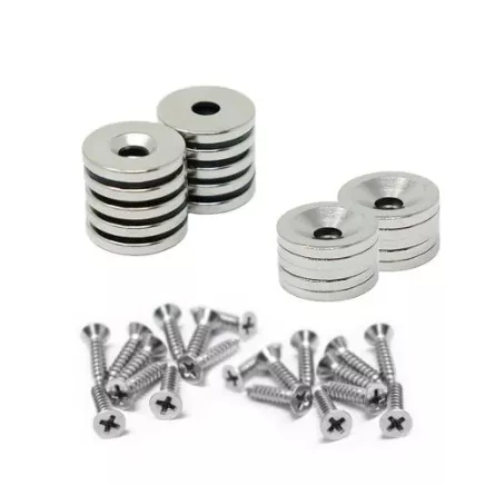 Senkmagnete mit 15mm Durchmesser, Stahlscheiben und Schrauben im Paket